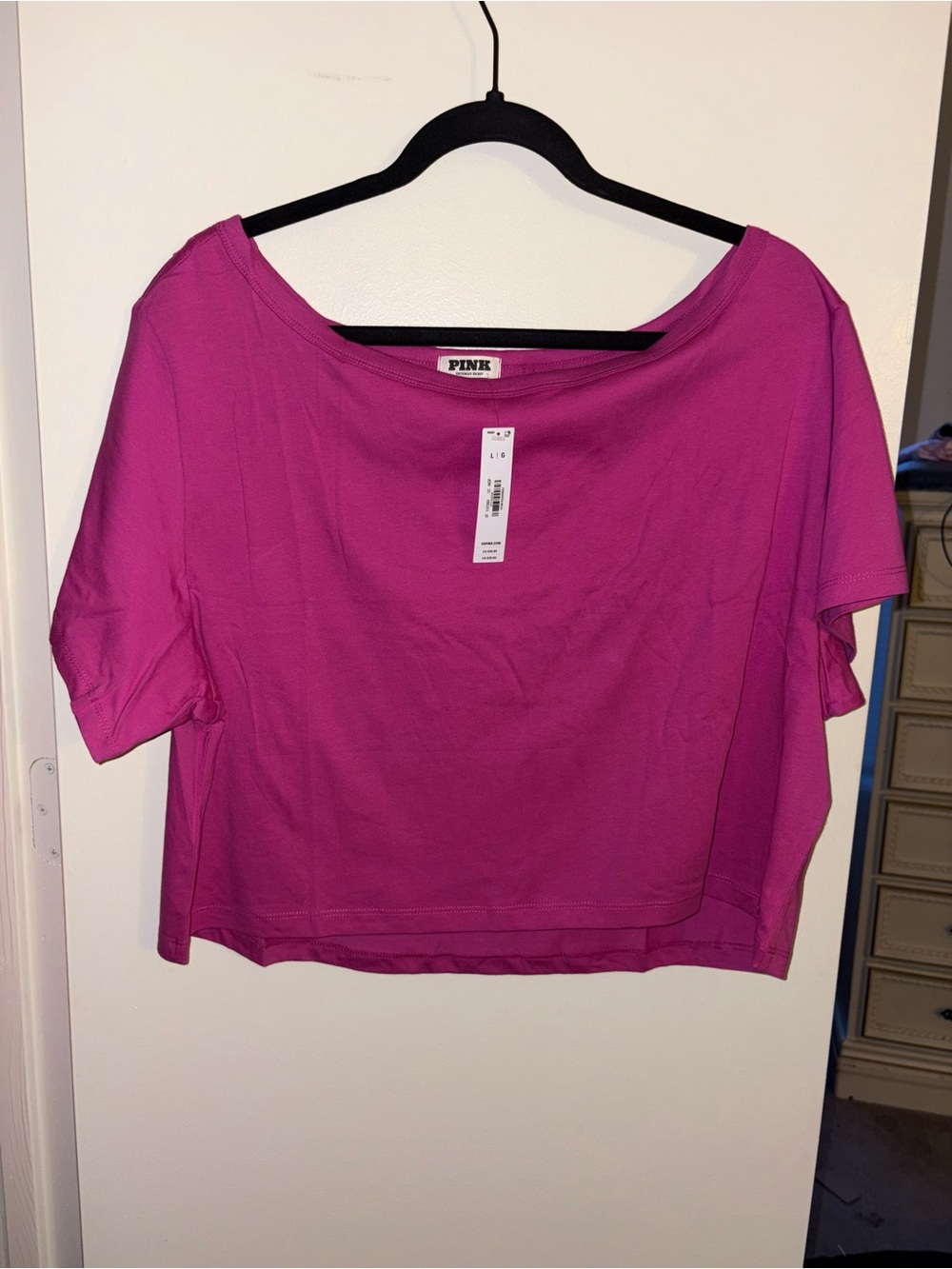 PINK Victoria's Secret Women's Fuchsia Scoop-Neck Short Sleeve Cropped Top